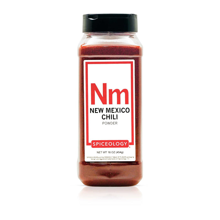 Bottle of Spiceology New Mexico Chili powder on a white background
