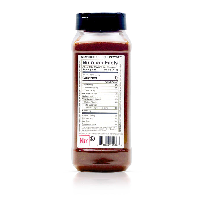 Back view of Spiceology New Mexico Chili Powder nutrition facts and ingredient information.