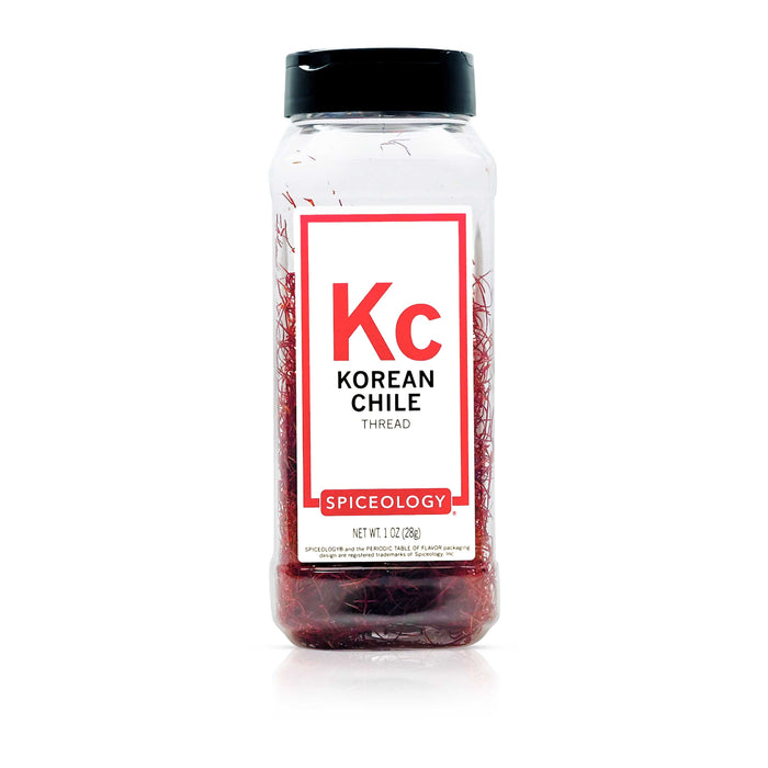 Bottle of Spiceology Korean chili thread on a white background