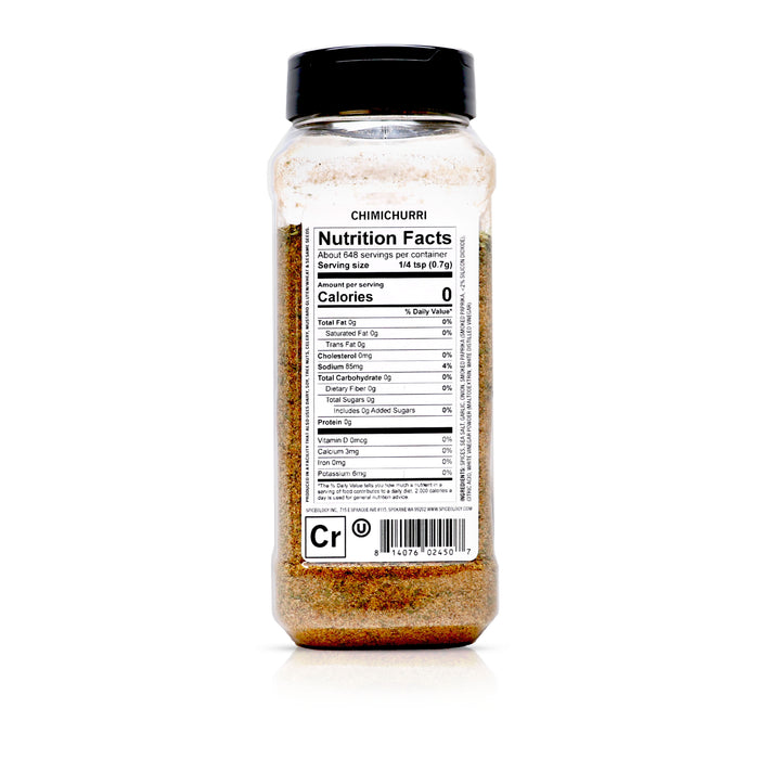 Back view of Spiceology Chimichurri blend nutrition facts and ingredient information.