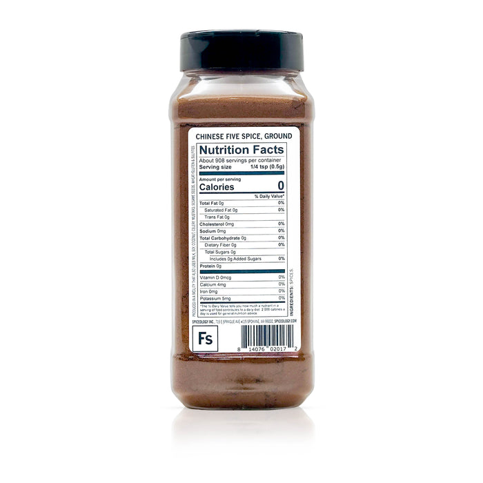 Back view of Spiceology chinese 5 spice, ground displaying nutrition facts and ingredient information.