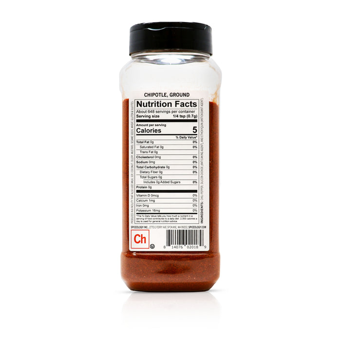 Back view of Spiceology Chipotle, Ground nutrition facts and ingredient information.