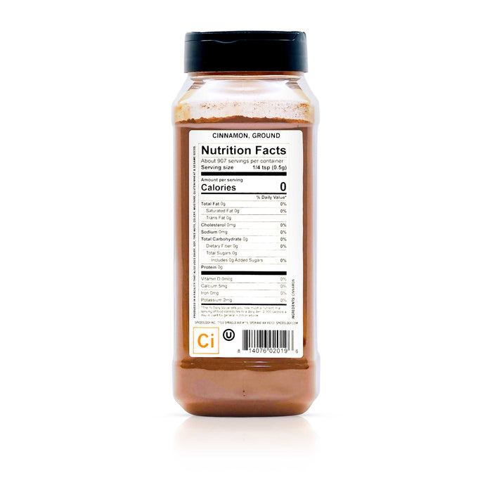 Back view of Spiceology ground cinnamon nutrition facts and ingredient information.