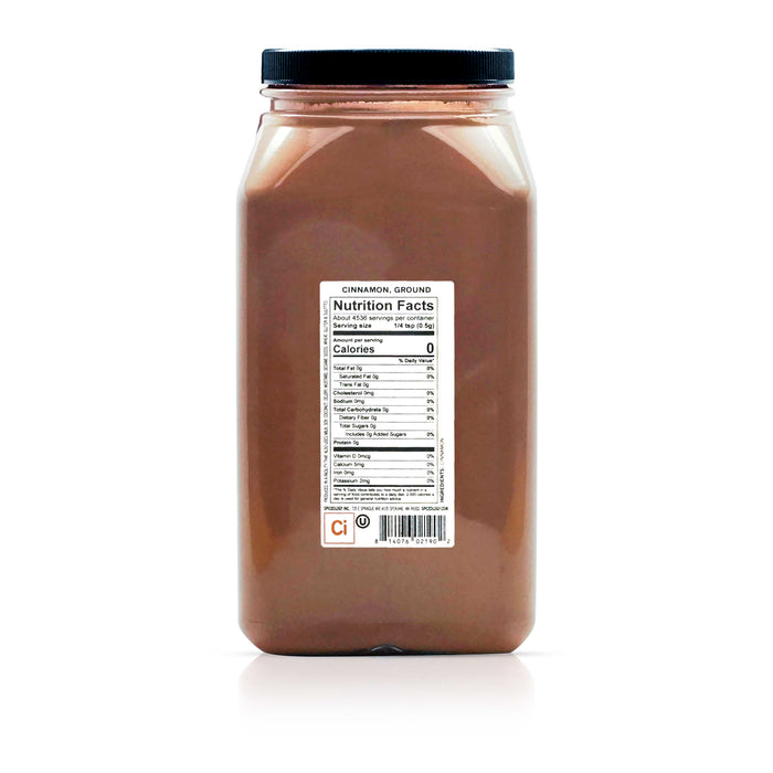 Back view of Spiceology Ground Cinnamon nutrition facts and ingredient information.