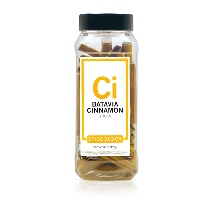 Bottle of Spiceology Batavia cinnamon sticks on a white background