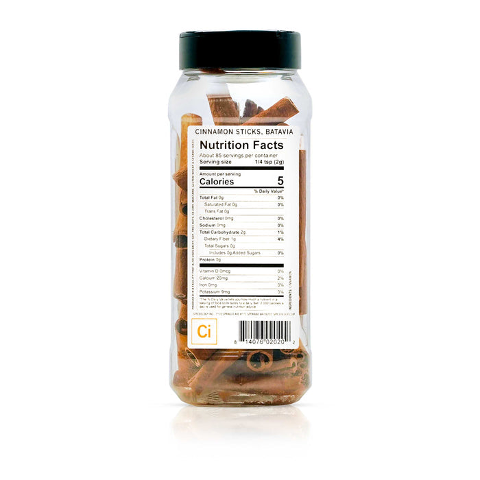 Back view of Spiceology Batavia cinnamon sticks nutrition facts and ingredient information