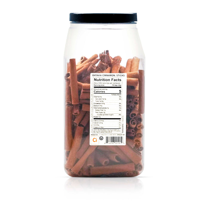 Back view of Spiceology Batavia cinnamon sticks nutrition facts and ingredient information