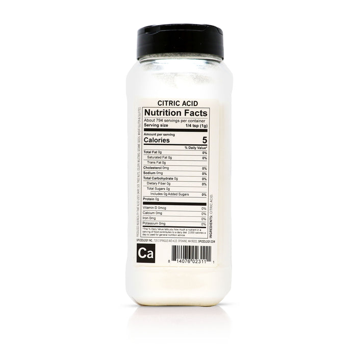 Back view of Spiceology Citric Acid nutrition facts and ingredient information.
