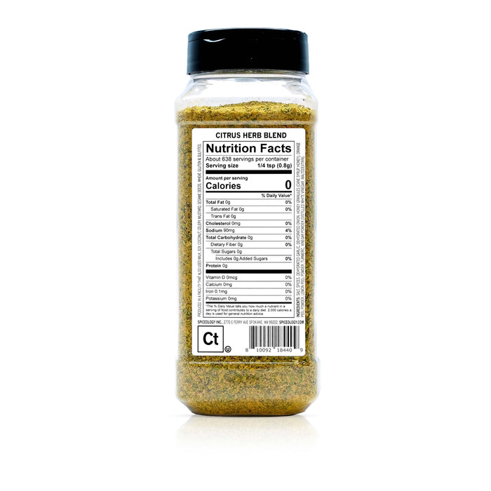 Back of Spiceology citrus herb blend displaying nutrition facts and ingredient information.
