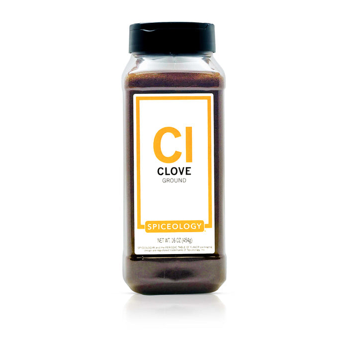 Bottle of Spiceology ground cloves on a white background