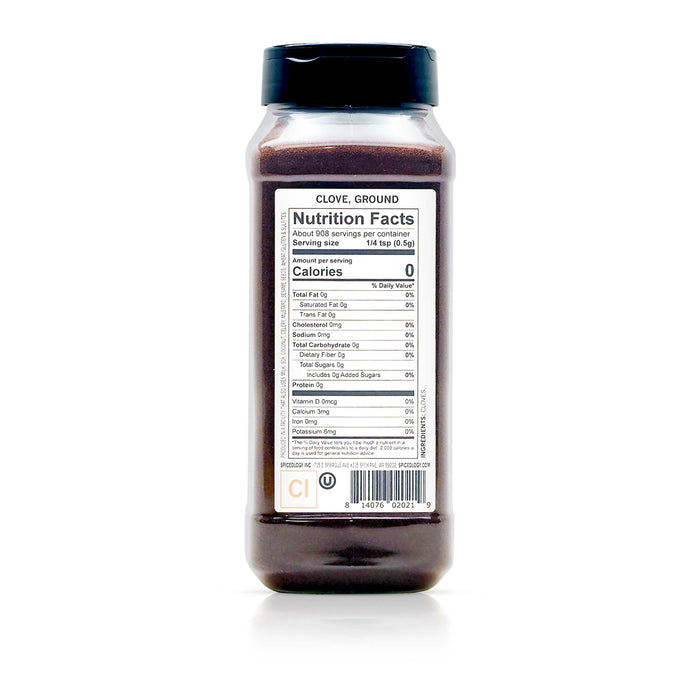 Back view of Spiceology ground clove nutrition facts and ingredient information.