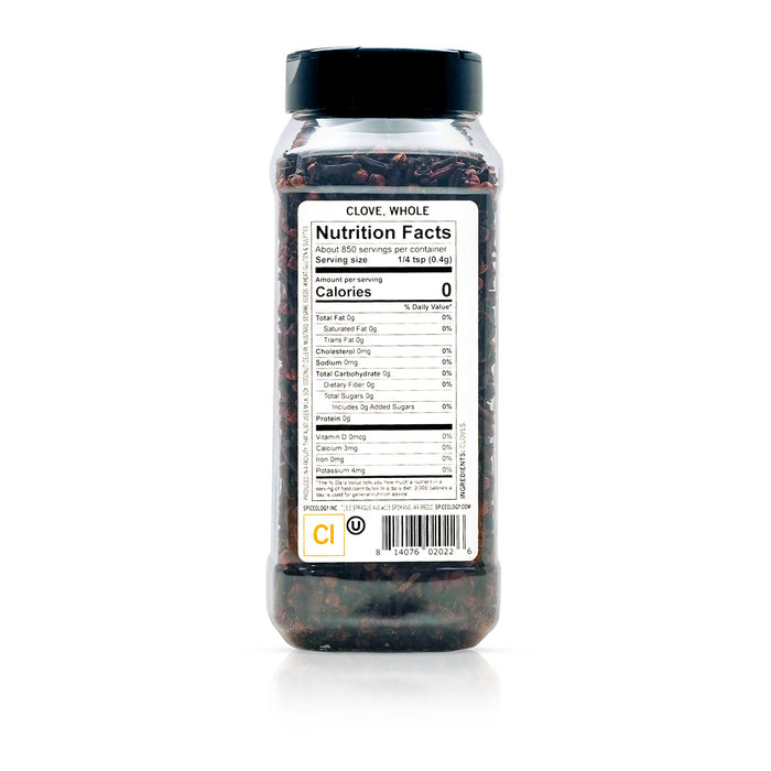 Back view of Spiceology Whole Clove nutrition facts and ingredient information.