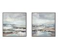 The Coastal Veil I & II Wall Art Set features two framed abstract paintings in soothing blue and multi-toned hues, each evoking a tranquil seascape with gentle waves beneath cloudy skies—an elegant addition to any space.