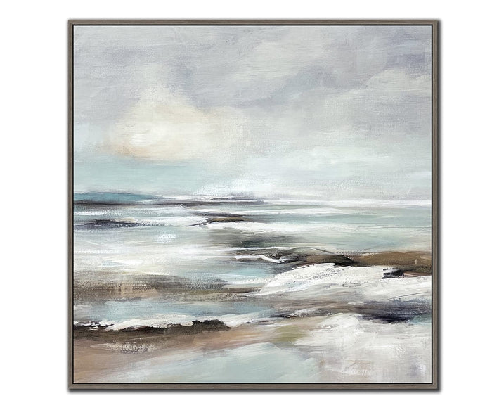Experience tranquility in your space with the “Coastal Veil I & II Wall Art Set,” a pair of hand-embellished abstract seascapes that capture a calm shoreline. Soft blue, brown, white, and gray tones blend seamlessly to evoke water, sky, and land for an overall serene and peaceful mood.