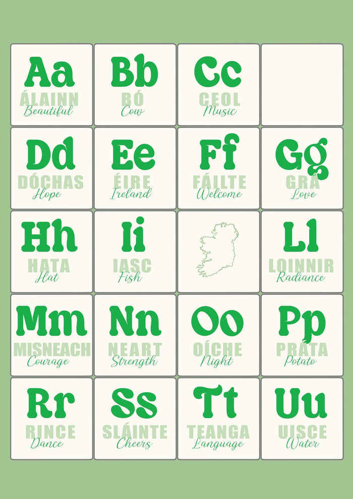 Colorful Irish Alphabet Print: Gaeilge Education Poster
