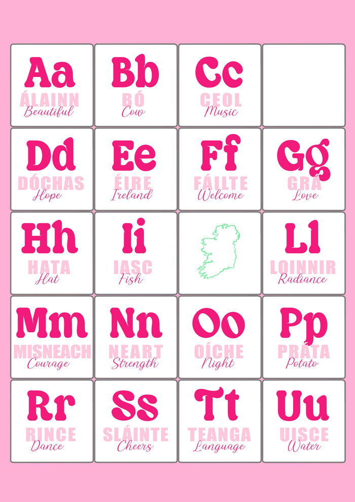 Colorful Irish Alphabet Print: Gaeilge Education Poster
