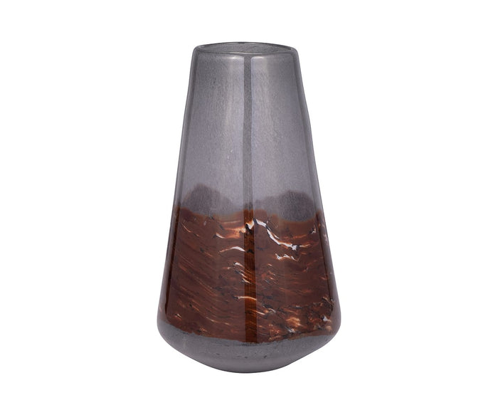 A modern Copper Core Vase in Brown/Multi, featuring a cone-shaped design with a hand-finished marbled glass look, is displayed on a white background.