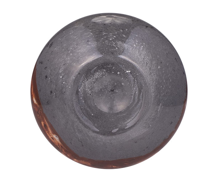A round, polished Copper Core Vase with a blend of gray and reddish-brown hues, adorned with speckled patterns reminiscent of marble and a reflective surface, viewed from above on a white background.