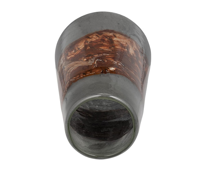 Copper Core Vase viewed from an angle above, showcasing a glossy, hand-finished glass pattern in gray and brown marbling with a wide opening, set against a white background.