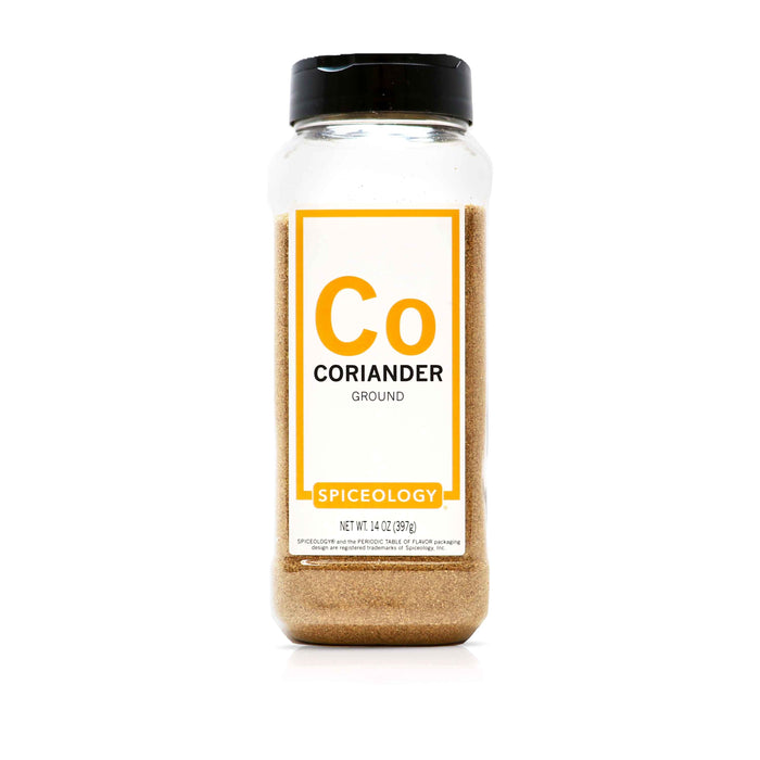 Bottle of Spiceology ground coriander on a white background