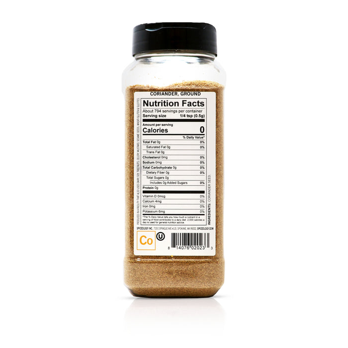 Back view of Spiceology Coriander, Ground nutrition facts and ingredient information.