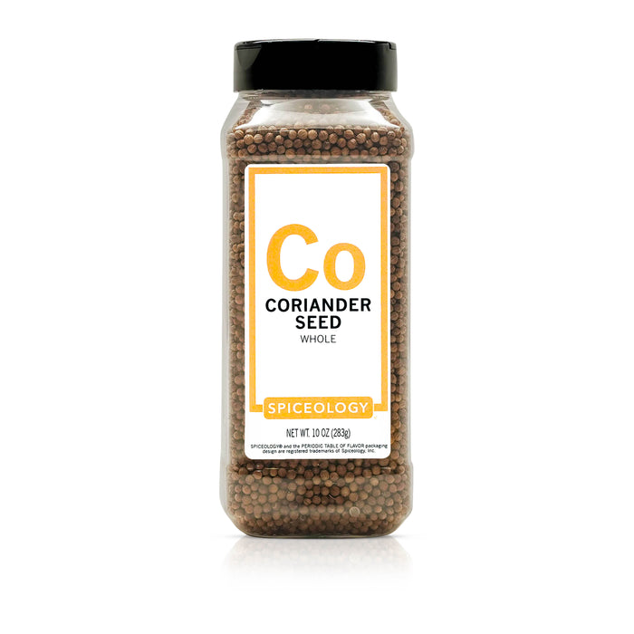 Bottle of Spiceology coriander seeds on a white background