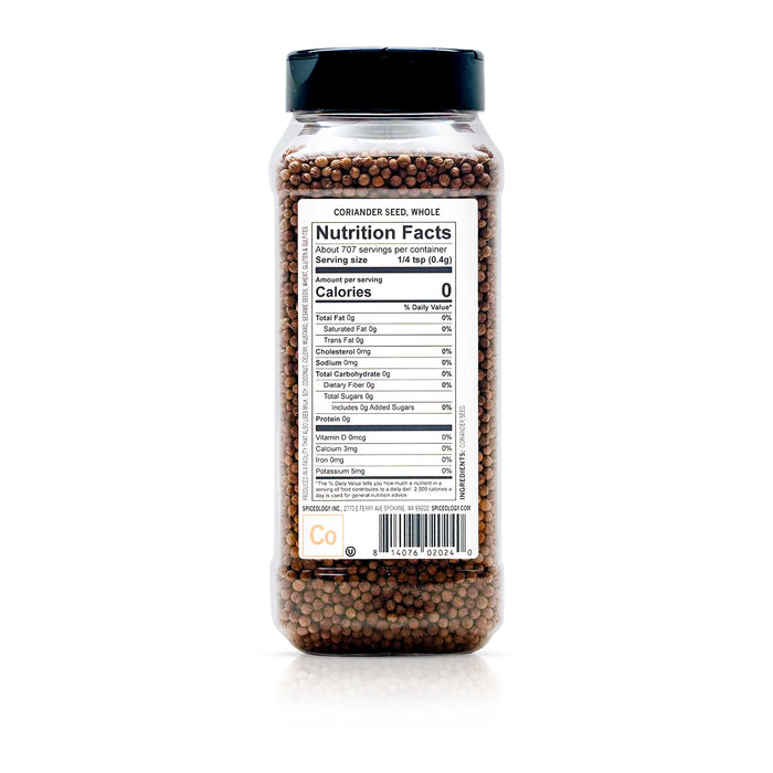Back view of Spiceology coriander seed, whole nutrition facts and ingredient information.