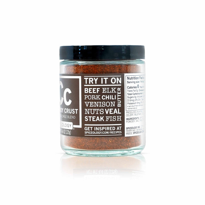 Side view of Spiceology cowboy crust espresso chile rub jar