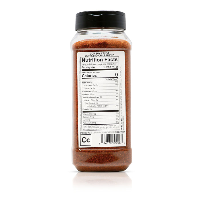 Back view of Spiceology cowboy crust espresso chile rub nutrition facts and ingredient information.