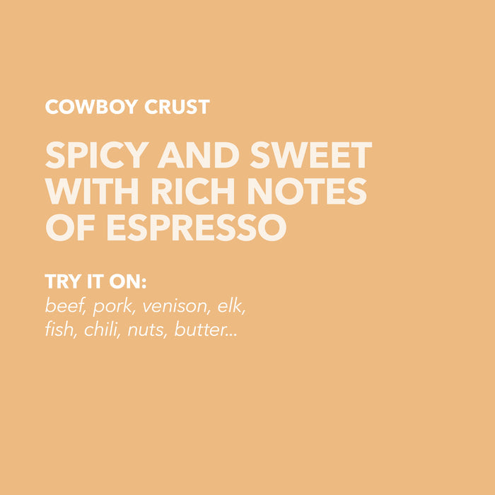 Warm tan flavor profile card for Spiceology Cowboy Crust with headline Spicy and Sweet with Rich Notes of Espresso and a list of suggested uses
