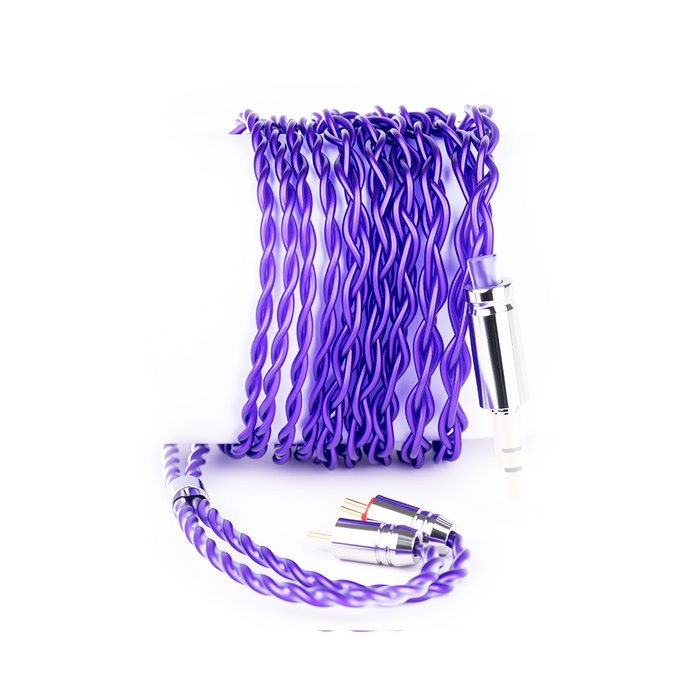 Purple braided cable with connectors on a white background