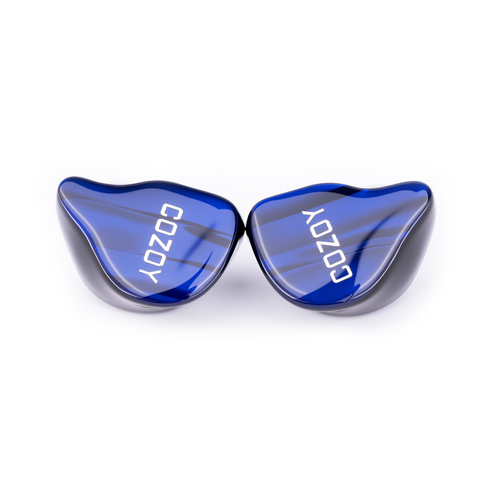 Blue and gray earbuds with 'COZOY' branding on a white background