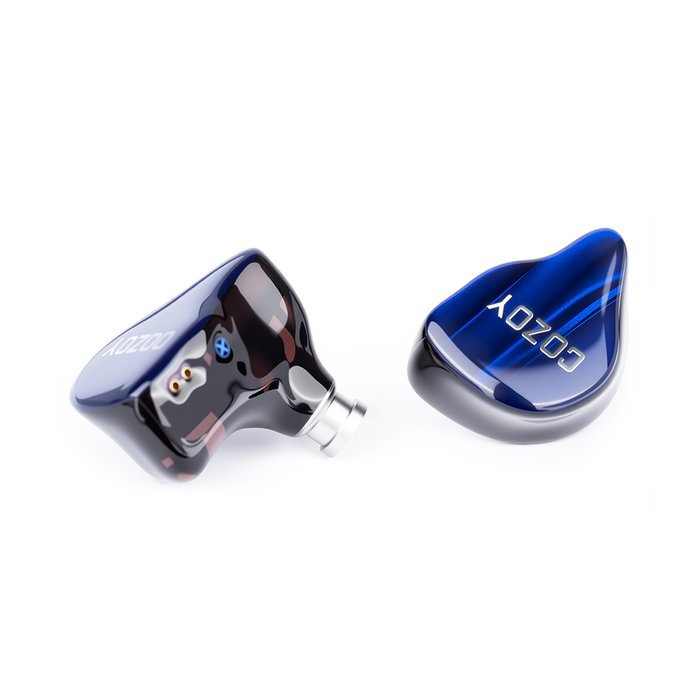 Two blue earbud devices with 'cozoy' branding on a white background
