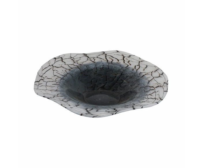Introducing the Crackle Abstract Bowl in Black/Multi—a shallow, round hand-finished glass piece featuring an irregular wavy edge and a captivating crackled pattern across its surface. Its modern matte finish enhances the bowl’s unique, contemporary style.