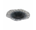 Introducing the Crackle Abstract Bowl in Black/Multi—a shallow, round hand-finished glass piece featuring an irregular wavy edge and a captivating crackled pattern across its surface. Its modern matte finish enhances the bowl’s unique, contemporary style.