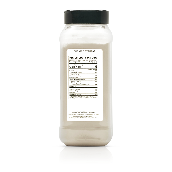 Back view of Spiceology cream of tartar bottle displaying nutrition facts and ingredient information.