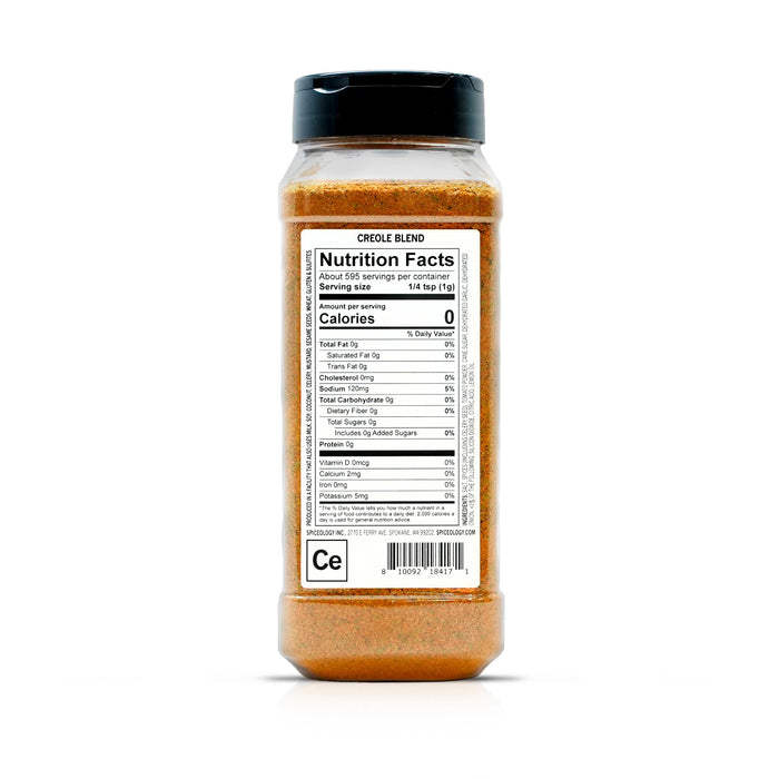 Back view of Spiceology creole blend nutrition facts and ingredient information.