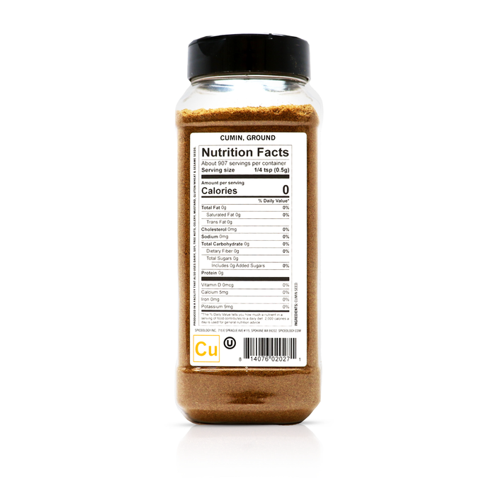 Back view of Spiceology ground cumin bottle displaying nutrition facts and ingredient information.