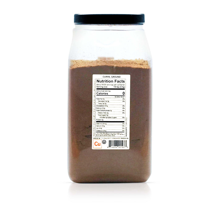 Back view of Spiceology Cumin, Ground bottle displaying nutrition facts and ingredient information.