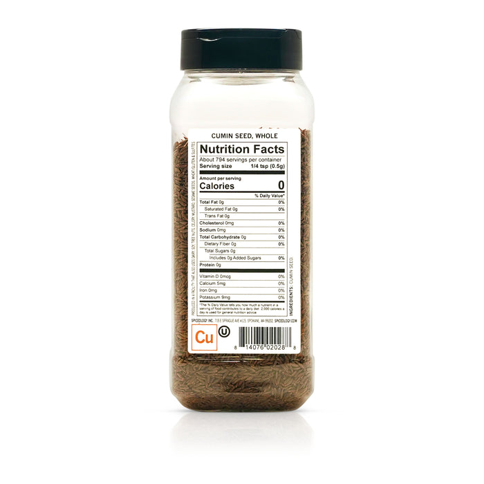 Back view of Spiceology Cumin Seed, whole nutrition facts and ingredient information.
