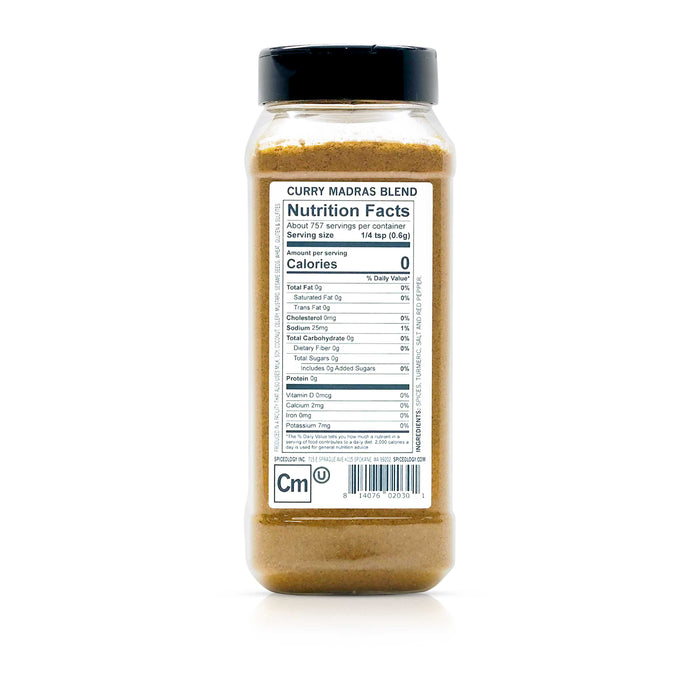 Back view of Spiceology curry madras blend displaying nutrition facts and ingredient information.