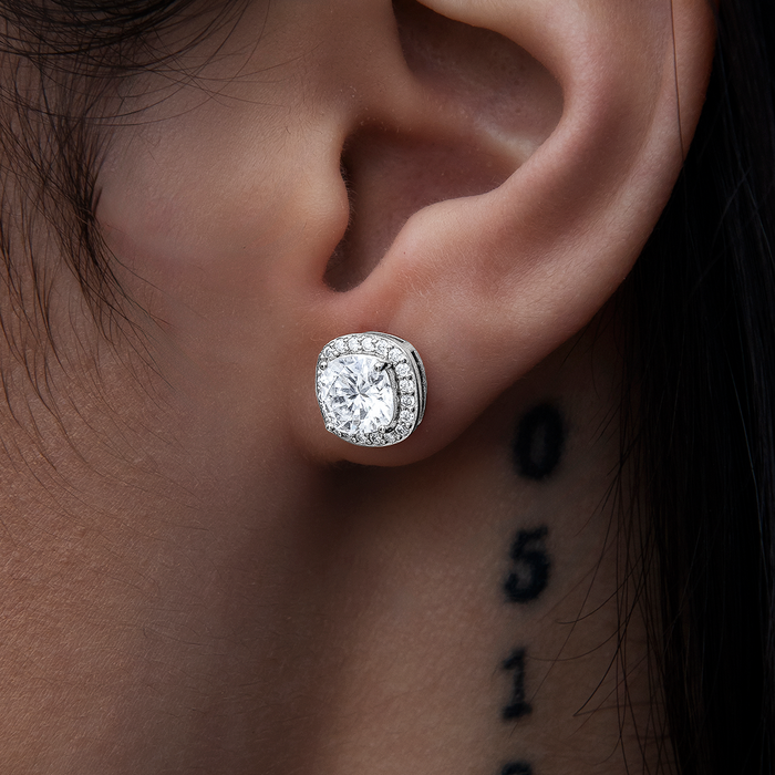 Cushion Cut Moissanite Earrings in White Gold Vermeil