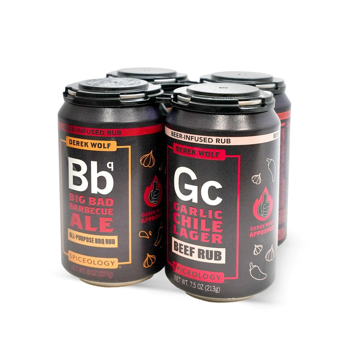 Four cans of Spiceology Derek Wolf beer-infused rubs on a white background