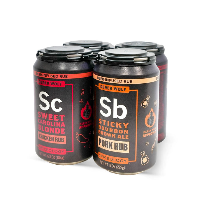 Four cans of Spiceology Derek Wolf spice rubs on a white background