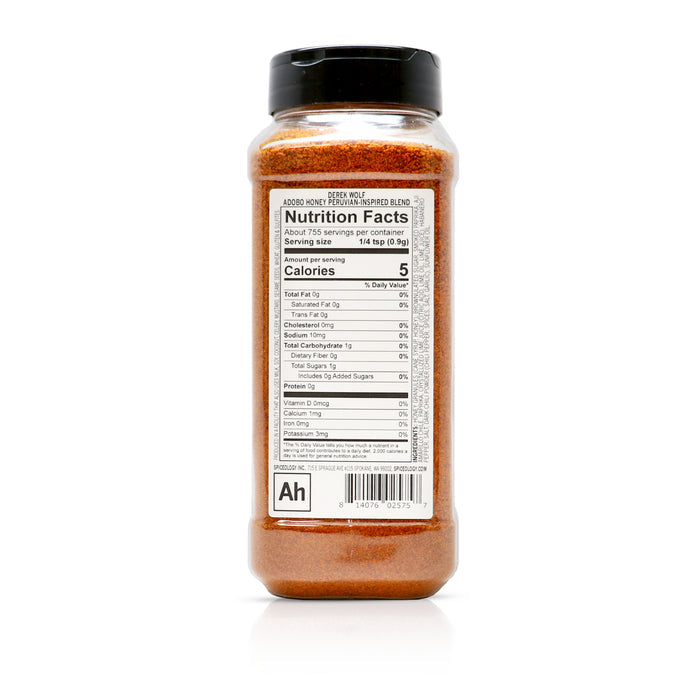 Back view of Spiceology Derek Wolf Adobo Honey Peruvian-Inspired rub nutrition facts and ingredient information.