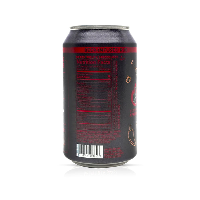 Black can of Spiceology Derek Wolf Big Bad BBQ Ale with with nutrition facts label on a white background