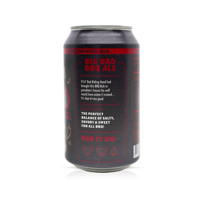 Side view of Big Bad BBQ Ale with red text on a white background
