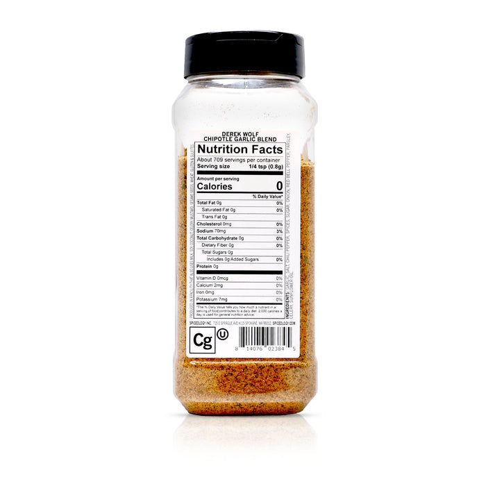 Back view of Spiceology Derek Wolf Chipotle Garlic Blend nutrition facts and ingredient information.