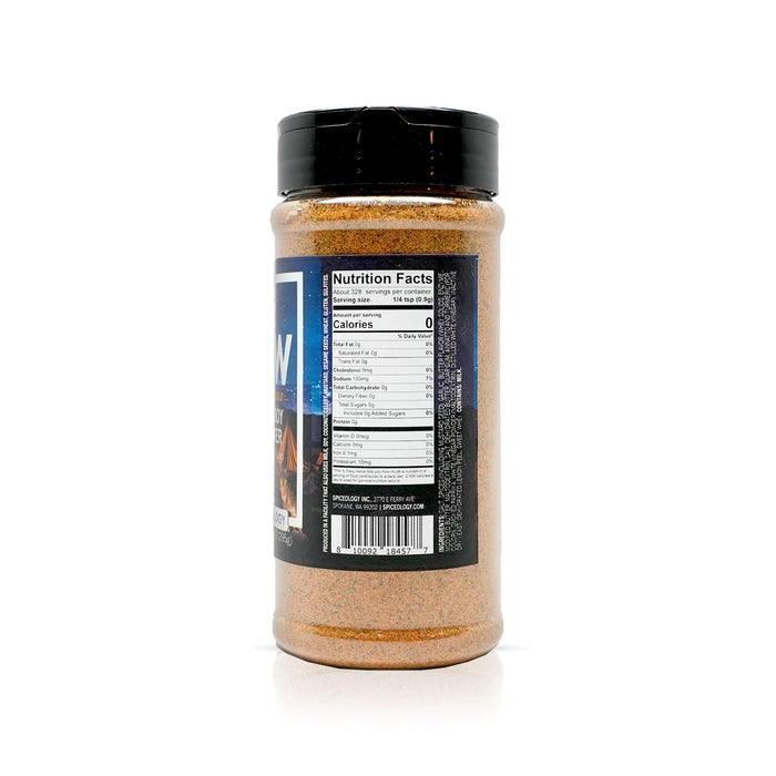 Side view of Spiceology Cowboy Butter seasoning bottle displaying nutrition facts and ingredient information.