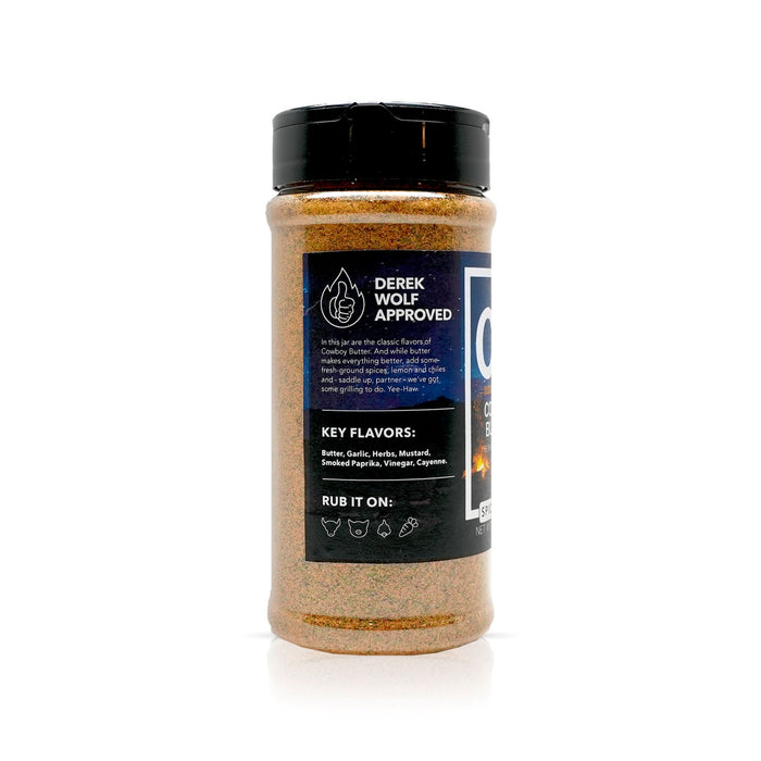 Back view of Spiceology Cowboy Butter seasoning bottle on a white background